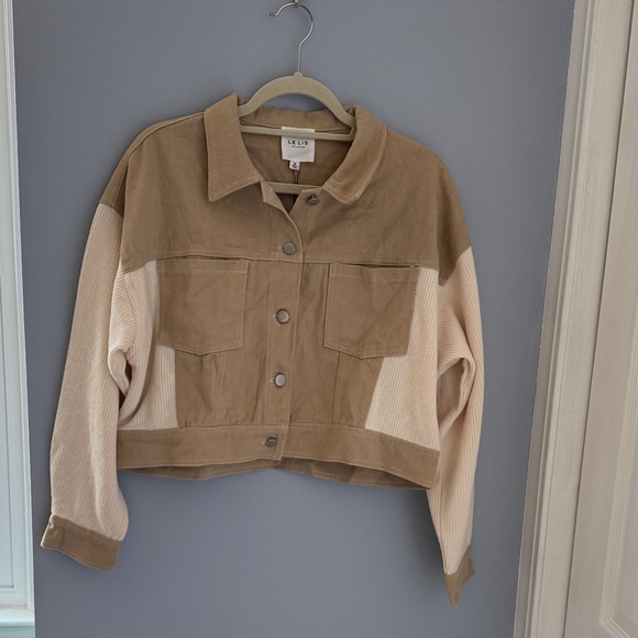Le Lis Women's Tan and Cream Color Block Jean Jacket - Picture 1 of 7